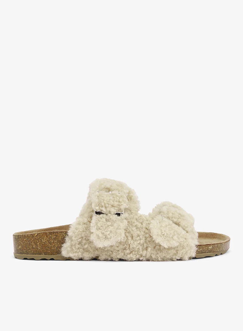 جينجر Fur Buckle Wood Bedroom Slippers